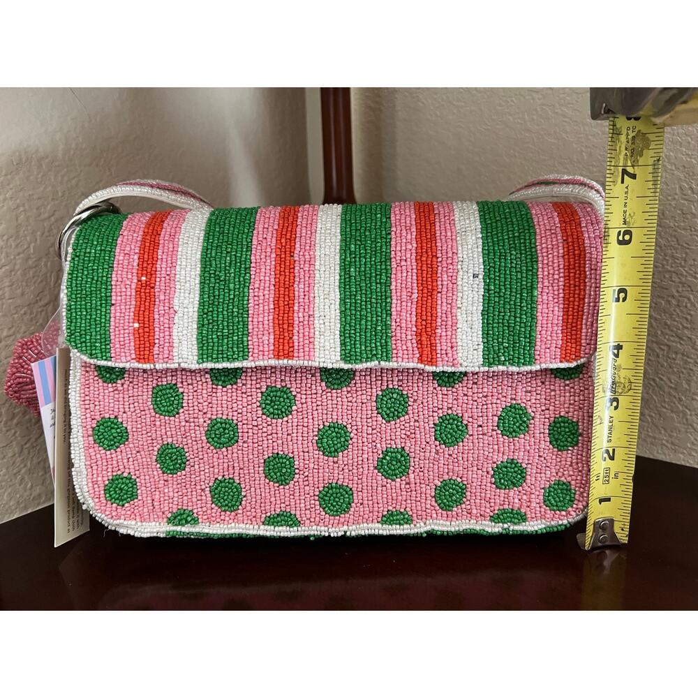 NWT Handcrafted India Beaded Purse Pink Green Striped Artsy Charm Shoulder Bag - Picture 9 of 16